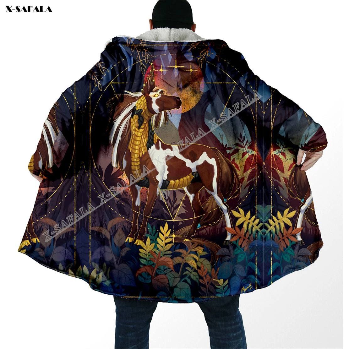 

Beautiful Handsome Horse 3D Printed Overcoat Hooded Blanket Coat Cape Robe Fleece Loose Men Female Cloak Windproof Warm Winter