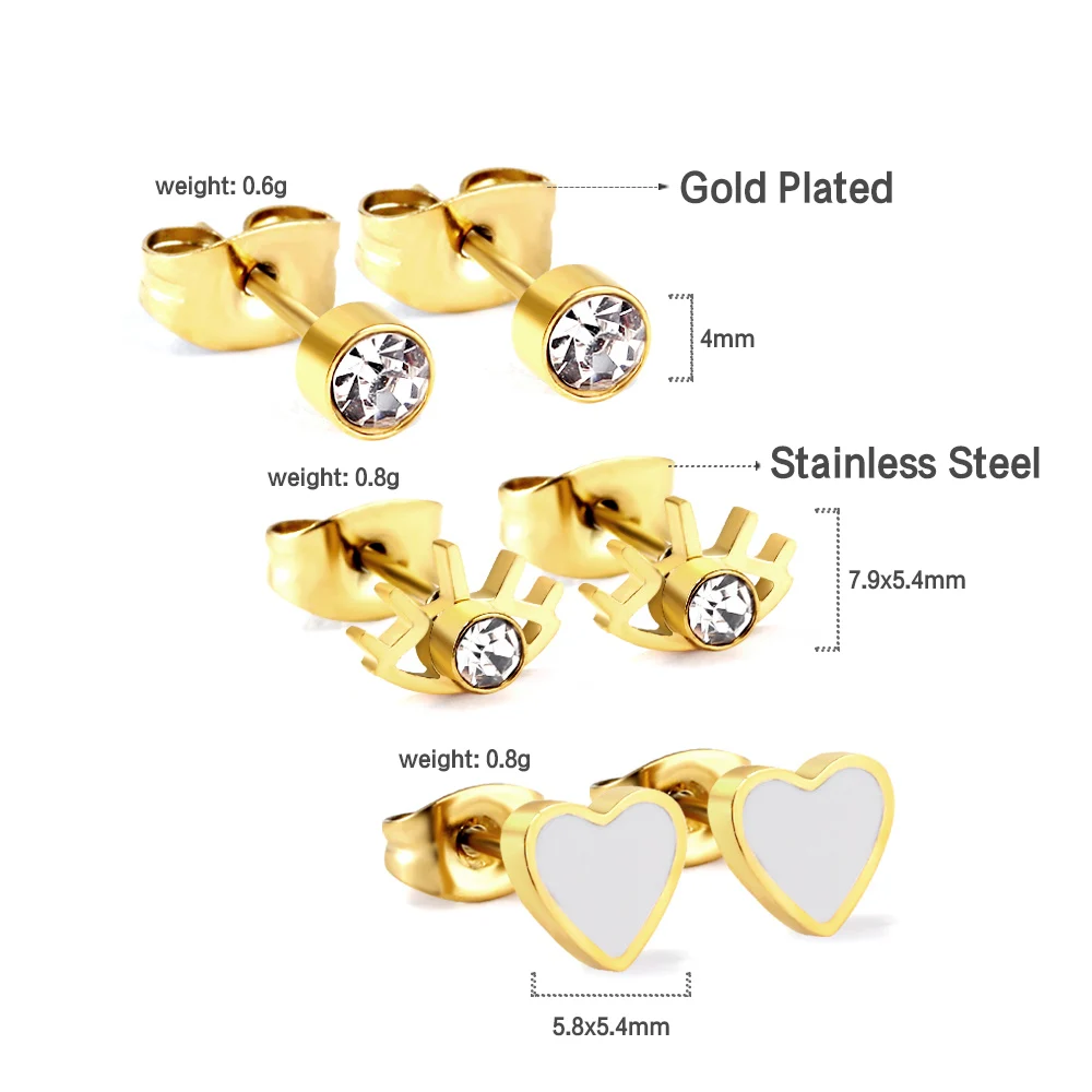Wholesale Vendor Supply 3Pairs Stainless Steel Gold Plated Stud Earrings Crystal Eye White Heart Mini Tiny Ear Jewelry Bulk Lots