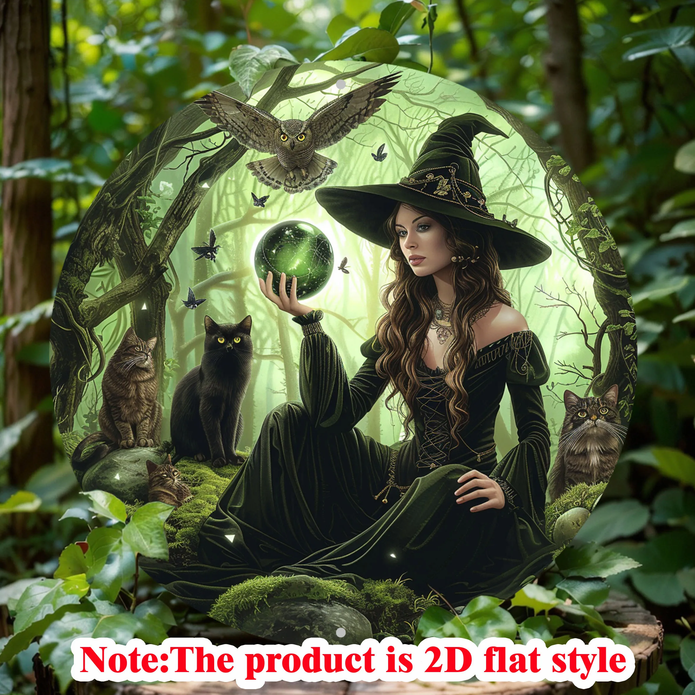 Classic Witch&Black Cat 2D Metal Sign Round Flat Wall Decor for Home,Office & Bar Waterproof,HD Printing,Pre-Drilled