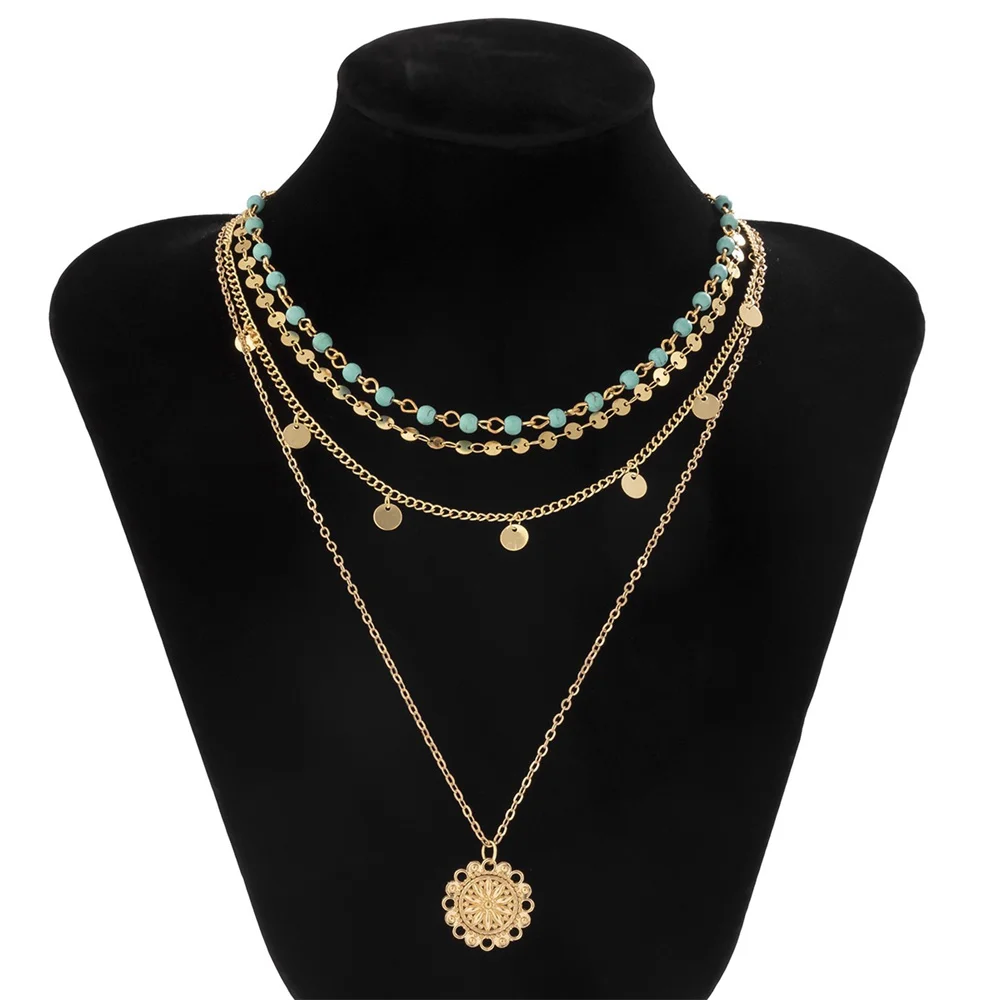 Collana Vintage in stile nazionale turchese per donna Boho Fashion etnico multistrato in metallo con ciondolo a forma di fiore gioielli con paillettes