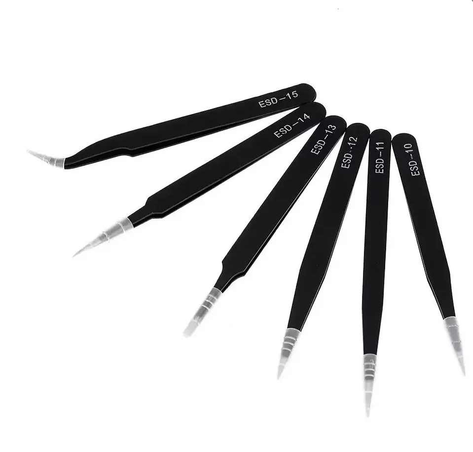 Antistatic Stainless Steel Tweezers 6 PCS Precision Maintenance Industrial Repair Curved Tool Home Work Model Making Hand Tools