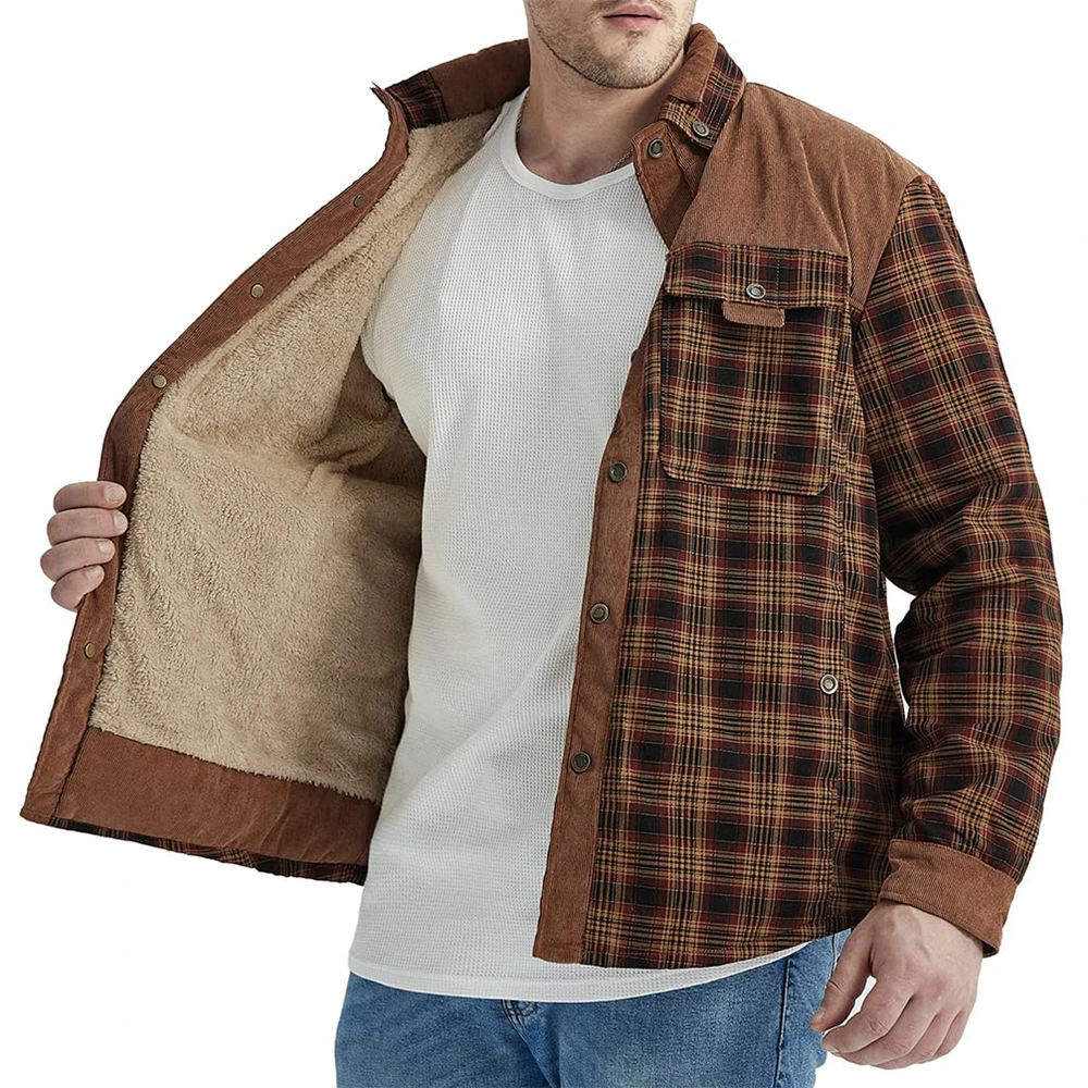Men's Cargo Work Jacket Long Sleeve Sherpa Lined Shirt Jacket Flannel Plaid Cotton Coats Winter Trucker Jackets Snap Button Tops