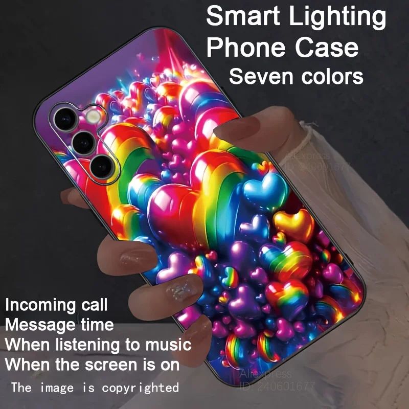 Korean Romantic Rainbow Love Heart Luminous Phone Case For Samsung S25 S24 S23 S22 S21 Ultra Plus FE A15 A16 5G Glass Cover LED
