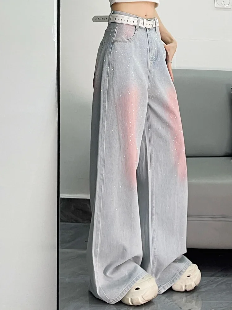Pink hot drill powder blusher pants straight jeans women's spring and autumn high street design draping wide leg long pants