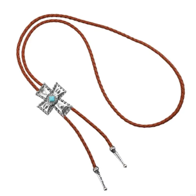 H58E Unisex Stylish Faux Leather Rope Neck Accessory Bolo Tie with Metal Crosses Stone Pendant Cowboy Western Necktie Neckalce