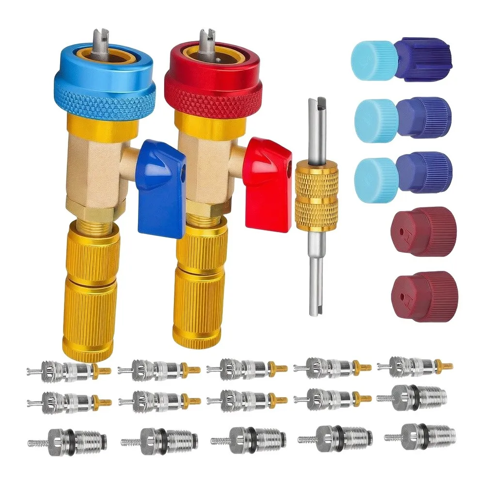 R134a AC Repair Tool Kit with High Pressure for Red Low Pressure Blue Valves Dual Head Wrench and 20 Replacement Valve Cores