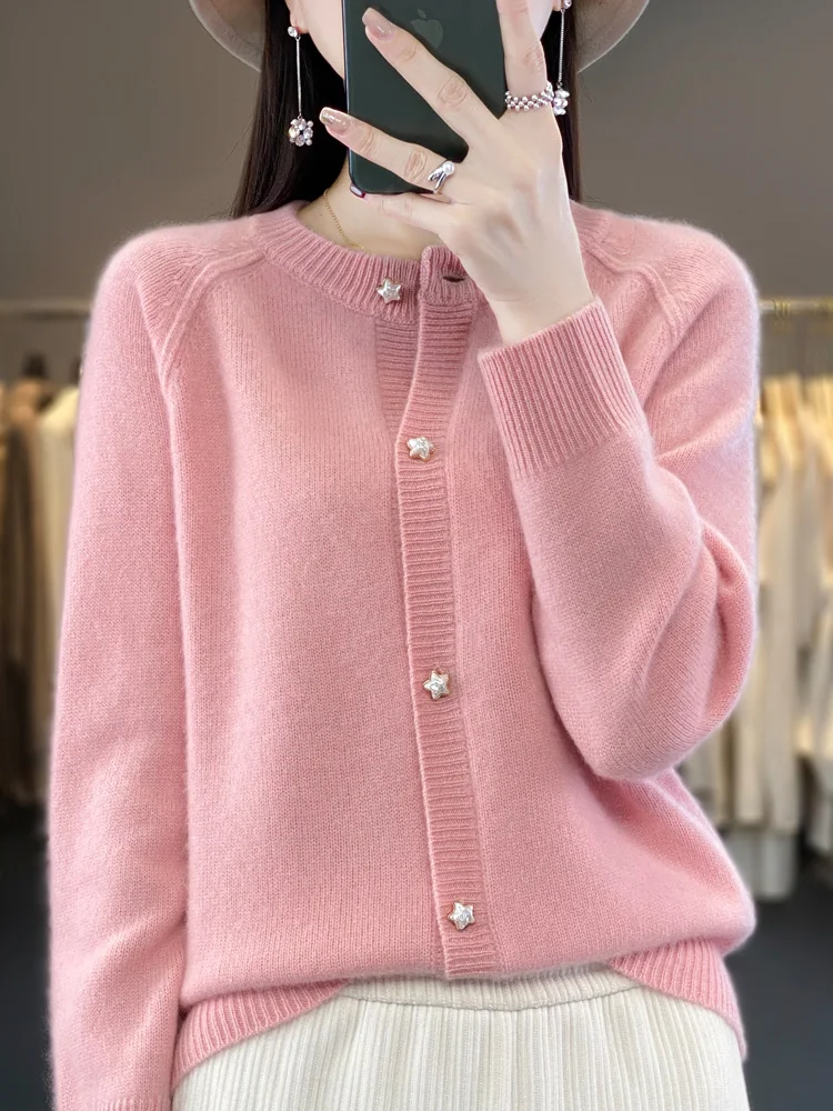 Spring New Women Cardigans 100% Merino Wool Sweater O-Neck Raglan Sleeve Thick Sloid Cashmere Knitted Coat Korean Fashion Tops