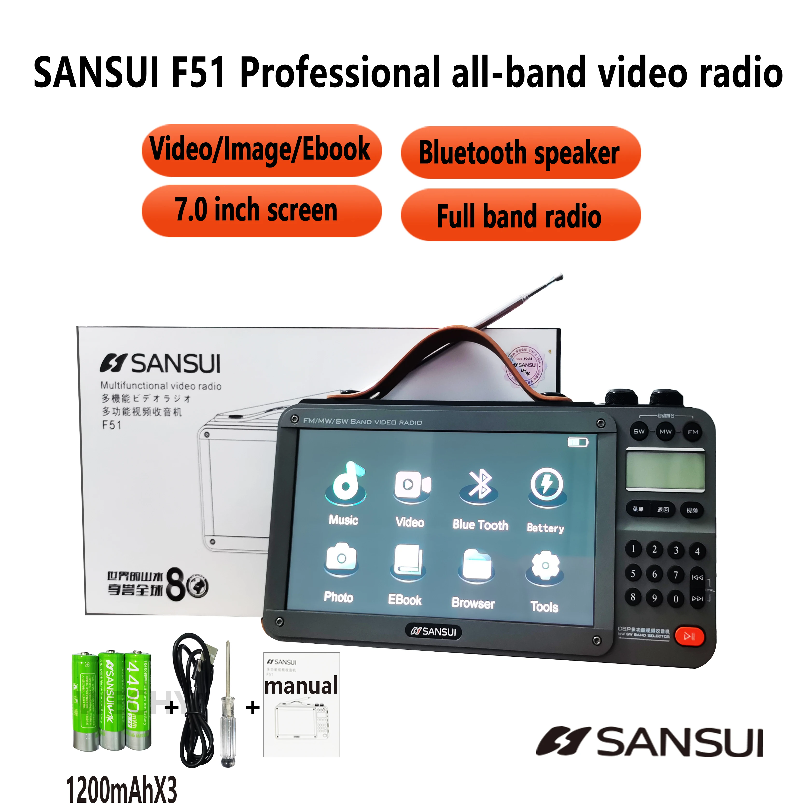 Sansui F51 Retro Video Radio Wireless Bluetooth Speaker Portable Mini Plug in Walkm all band Mp3 Music Player Stereo Subwoofer