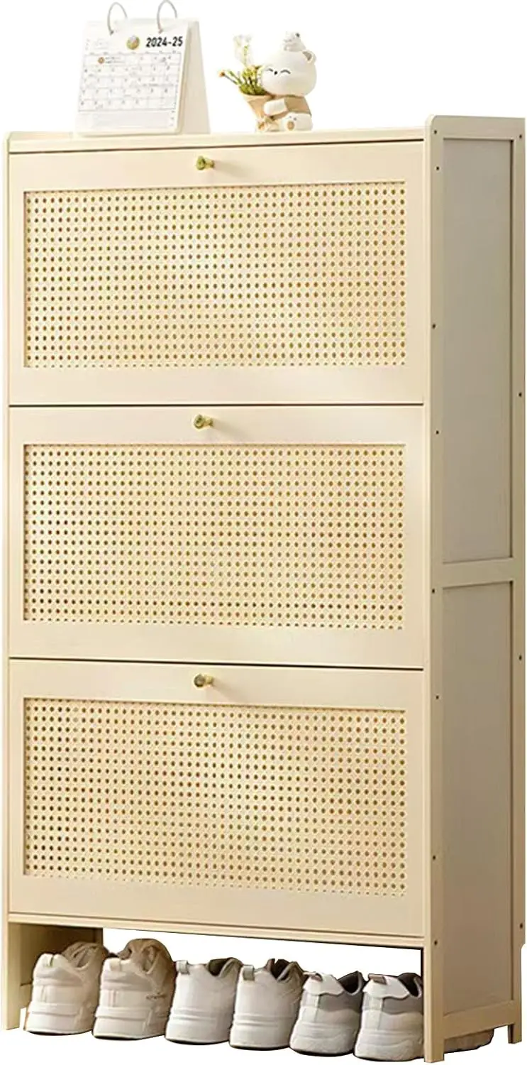 

Rattan Shoe Cabinet, Freestanding Shoe Rack Organizer, Narrow Shoe Storage Cabinet With 3 Flip Drawers, Slim Hidden Shoe