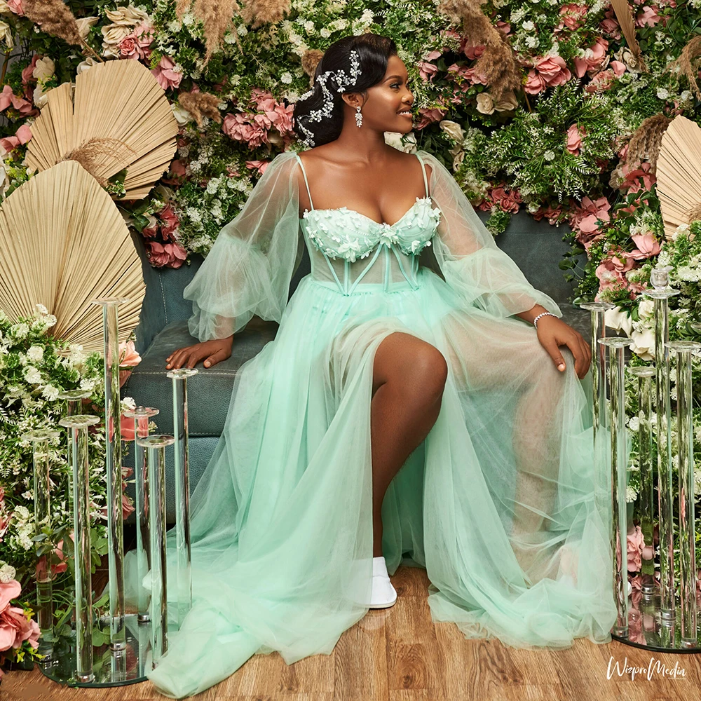 Mint Green Bride Robes Spring Wedding Gowns Africa Bridal Shower Dresses Long Sleeve Side Split A line 3D Floral Customized