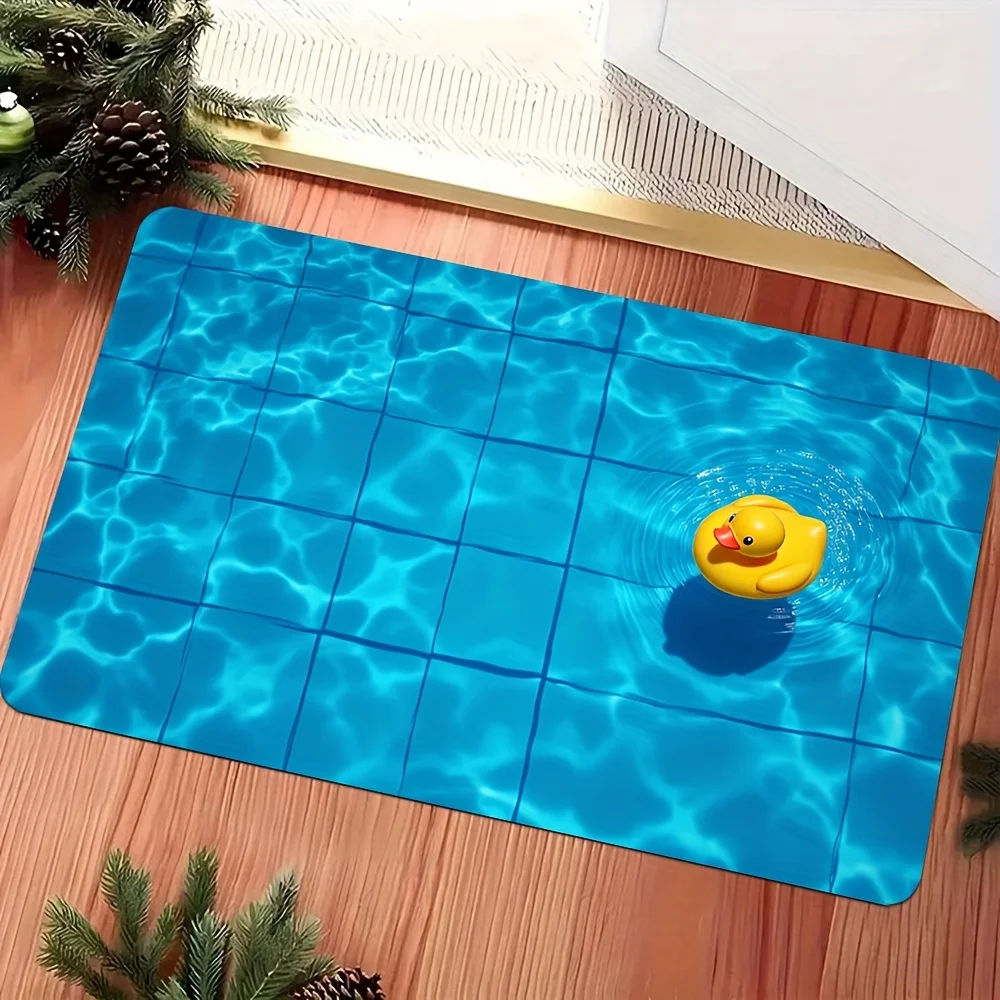 1pc Blue Pool Water Surface Yellow Rubber Duck Printed Floor Mat, Decorative Area Rug for Entrance, Porch, Home Decor