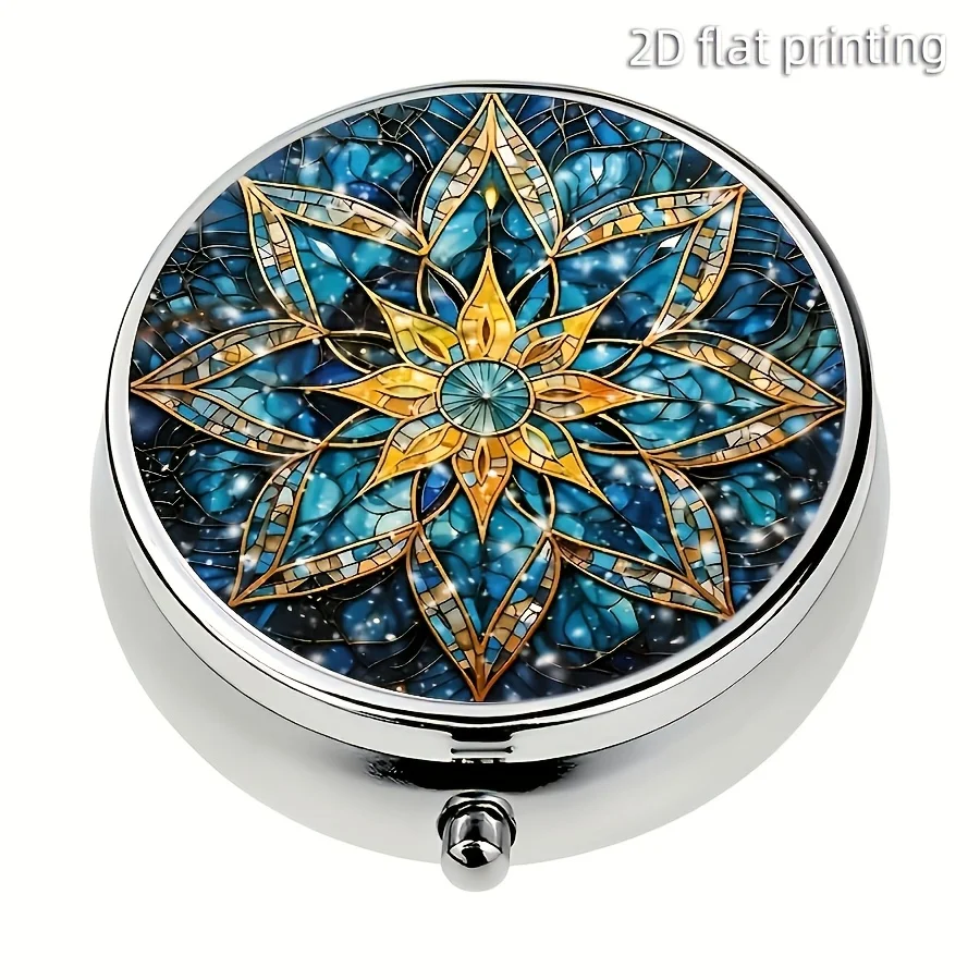 Flat, 1-Piece Magical Geometric Design Metal Round Pill Box, 3-Compartment Portable Mini Pill Organizer, Compact Home Storage Case for Wallets and Travel - Unique Gift Idea
