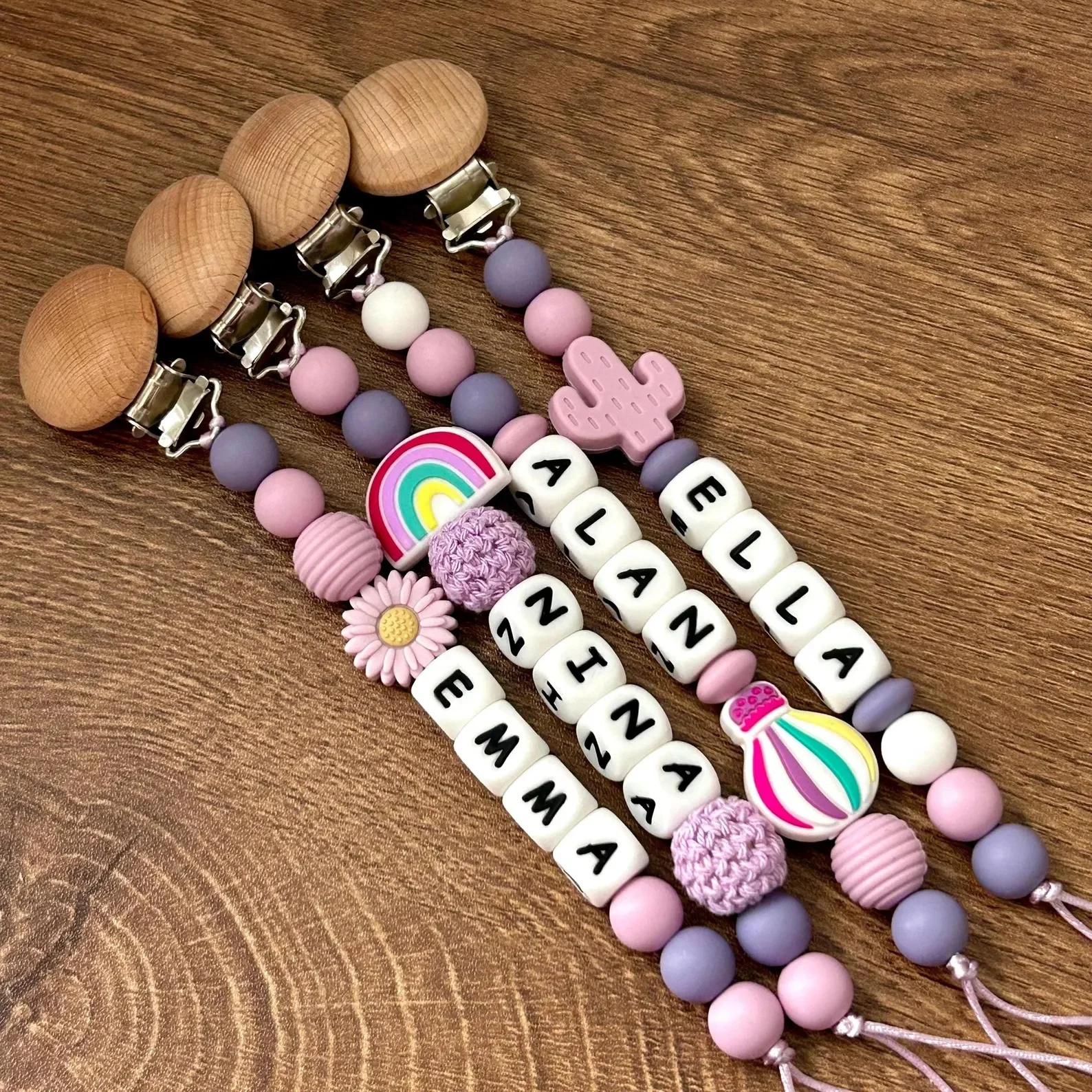 Personalized Pacifier Clip Silicone Rainbow Purple Beads with Wooden Clips Customizable Names for Baby Shower Gift