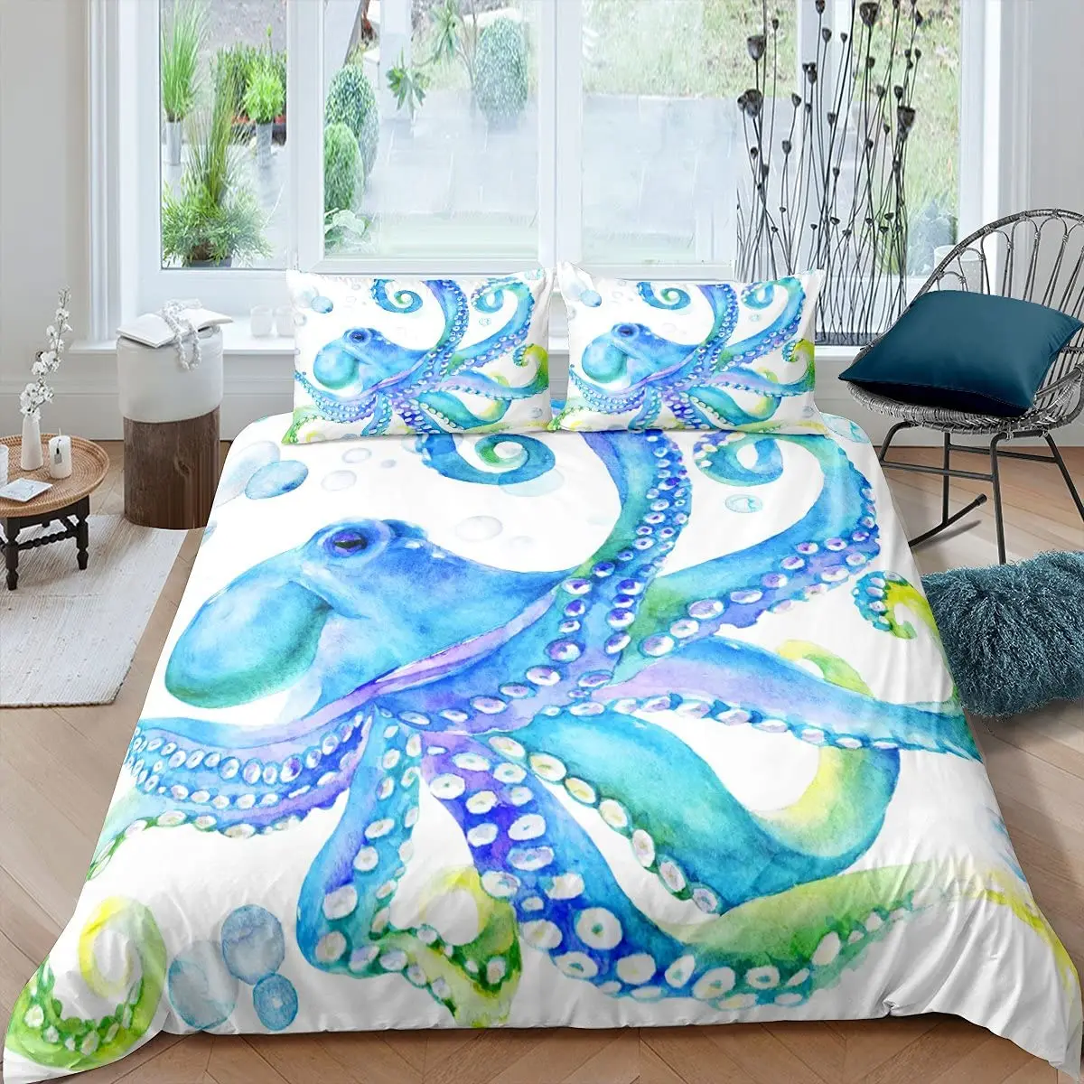 

Octopus Duvet Cover Set, Cartoon Octopus Tentacles Polyester Comforter Cover Twin Size, Sea Marine Bedding Set For Kid Boys Girl