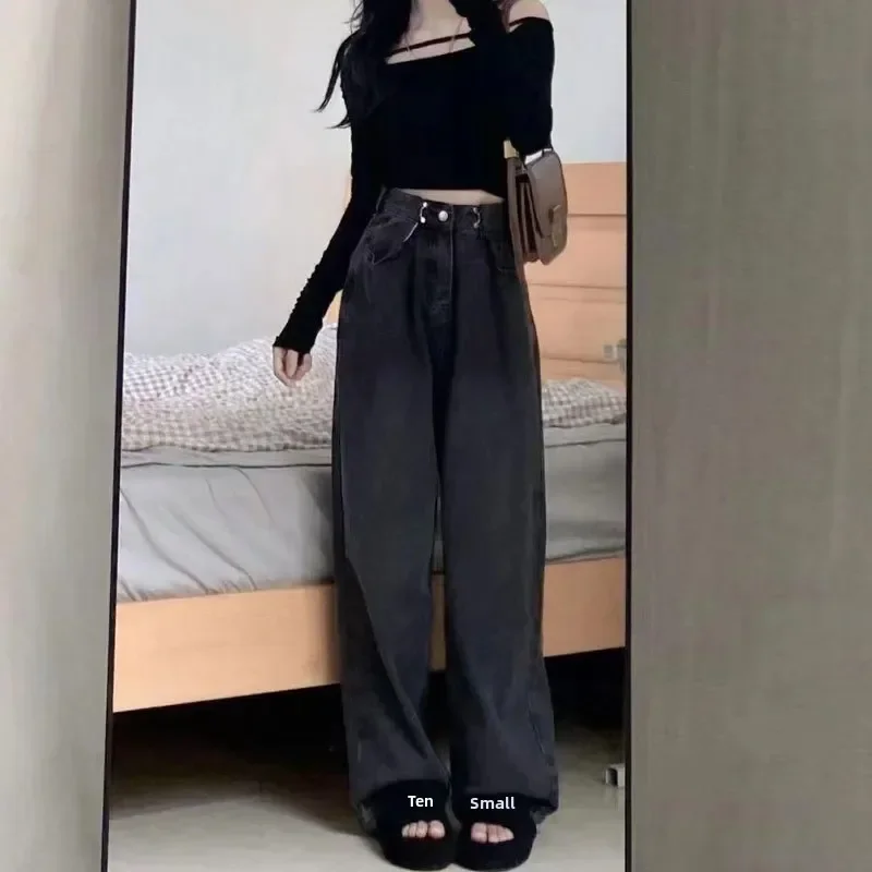 Hohe Taille, verstellbare Taille, Schnalle, Denim-Jeans, Damen, lässig, gerades Bein, weites Bein, bodenlange Hose, Herbst, Schwarz, Grau