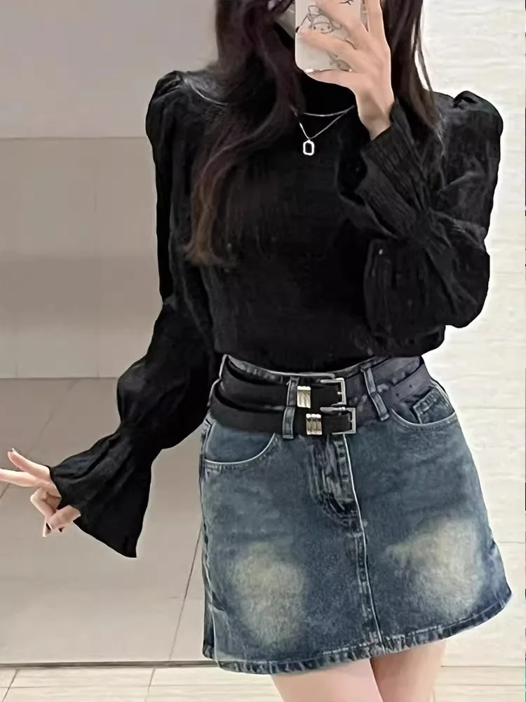 تنورة عالية الخصر على شكل حرف a للسيدات من قماش الدنيم تنانير مثيرة للتنابق الكورية Sle للتنقل بقصة ضيقة منتظمة ورقيقة لصيف 2025