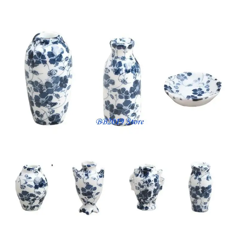 Q0KB 1:12 DOLLHOUSE Miniature Acessory Ware Mini delicado azul e branco Móveis porcelana Decoração para Doll House 7 Pcs