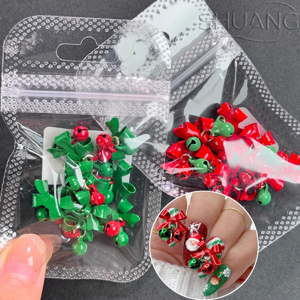 10개입 징글벨 리본 크리스마스 네일 참 3D 12*15mm 레드 그린 리본벨 펜던트 네일 액세서리 크리스마스 Y2K 매니큐어 장식