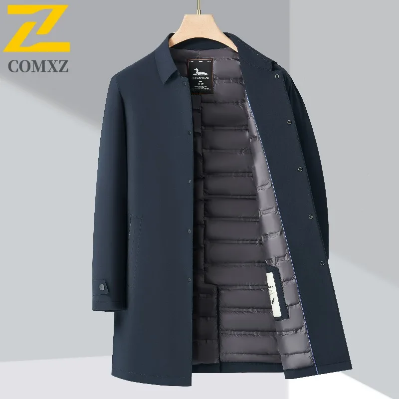COMXZ Brand Luxury Mens Long Down Jacket Working Thickened Warm Puffer Coat Casual Single Breasted Travel Windproof Winter Coat