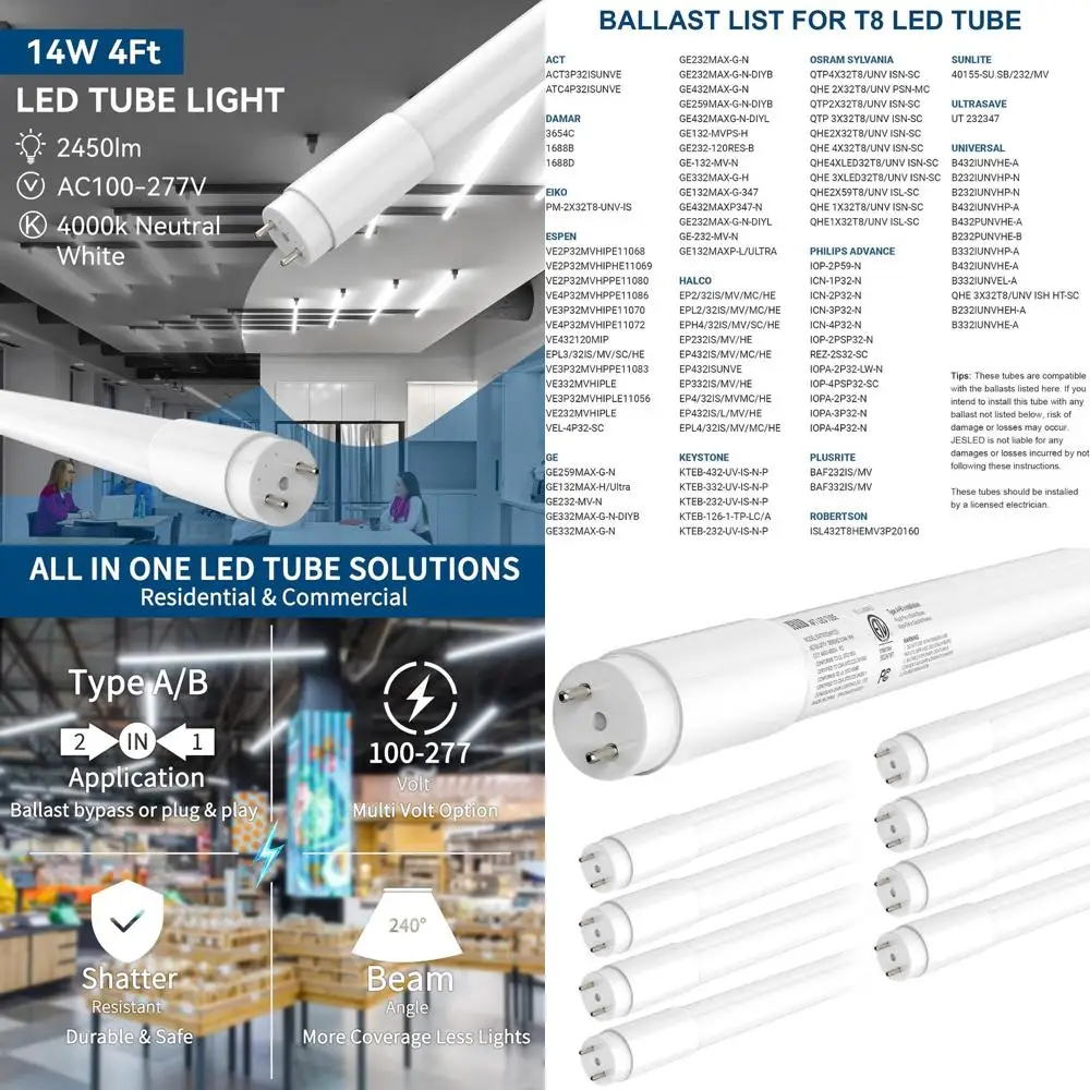 

8 Pack 4-Foot 14W LED Bulbs, 2450 Lumens, 4000K Daylight, Frosted, Replaces T8/T12 Fluorescent