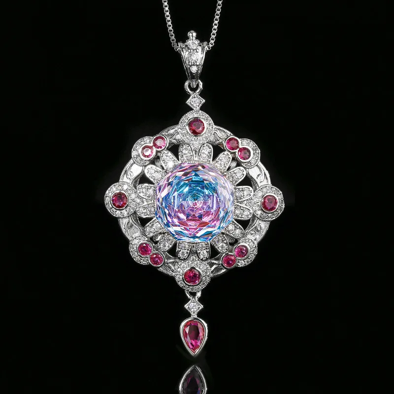 Silver Plated Vintage Floral Openwork Pendant Necklace for Women Faceted Multicolor CZ Zircon Art Deco Banquet Statement Jewelry