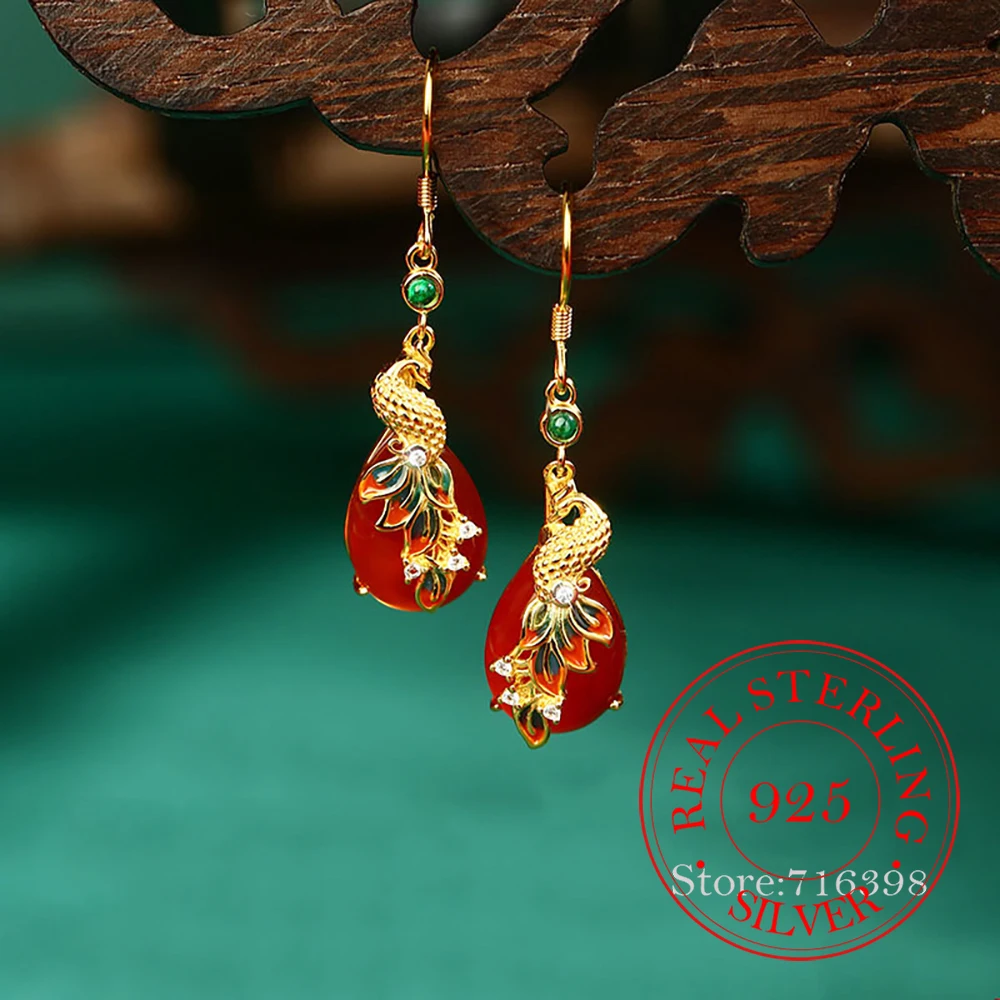 925 Sterling Silber Schmuck Rote Achat-Phönix-Quasten-Ohrringe für Damen Hochzeit Party Schmuck für Mädchen Freundesgeschenk