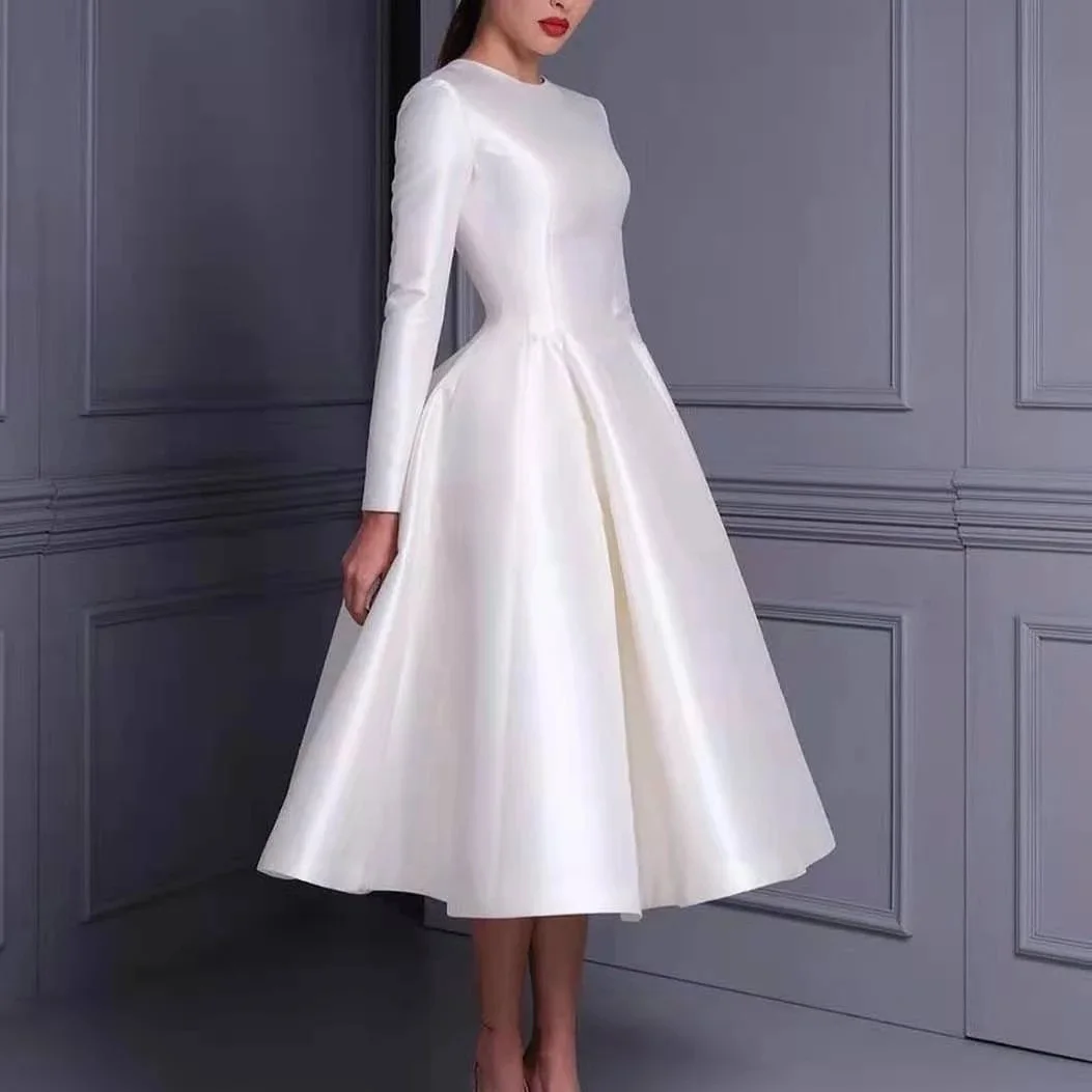 Abiti da sposa in taffetà con scollo a o corto lunghezza del tè con tasche a-line bianco/avorio Zipper Back abiti da sposa per le donne foto reali