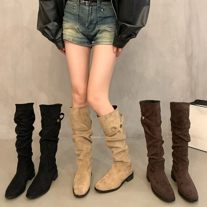 Moda de invierno, botas ajustadas plisadas hasta la rodilla para mujer, tacones cuadrados, botines hasta el muslo, zapatos largos