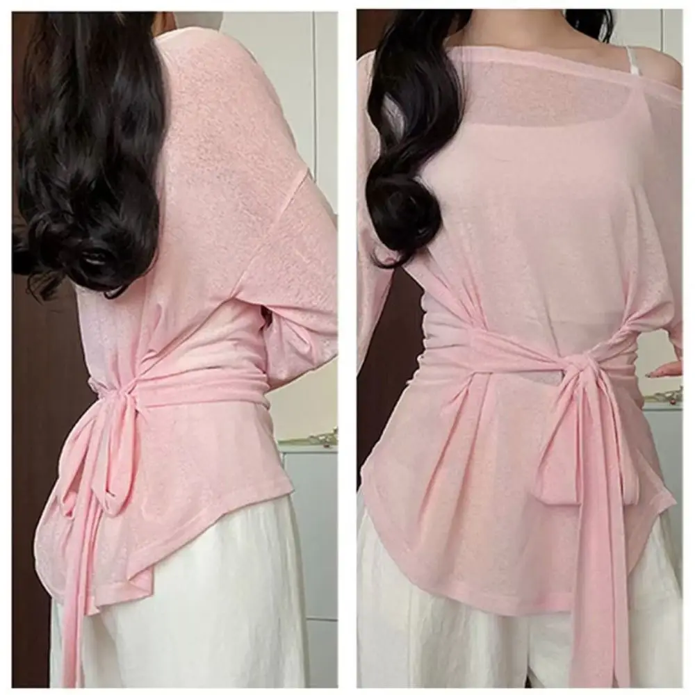 Koreanischer Stil, transparentes Langarm-T-Shirt, schulterfrei, locker geschnittenes, durchsichtiges Oberteil, hinten gebunden, Oversize-T-Shirt, lässig für den Alltag. – Detail 3
