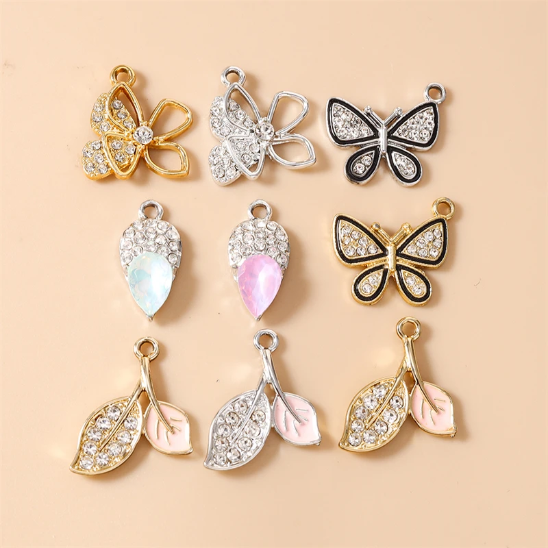 10 Stück Niedliche Kristall-Metall-Schmetterling-Baumblatt-Anhänger für Schmuckherstellung, Anhänger, Halsketten, Ohrringe, Armbänder, DIY-Bastelzubehör – Detail 1
