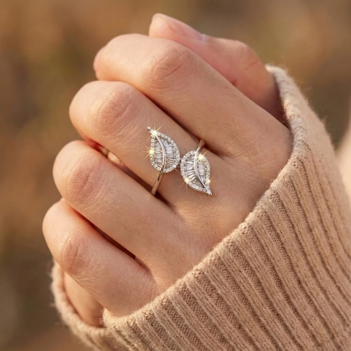 Vintage elegante, mit Blättern und CZ-Zirkon verzierte Öffnungsringe für Damen und Herren, zarter, glänzender Feder-Fingerring, Party- und Eheringe, Schmuck – Detail 12