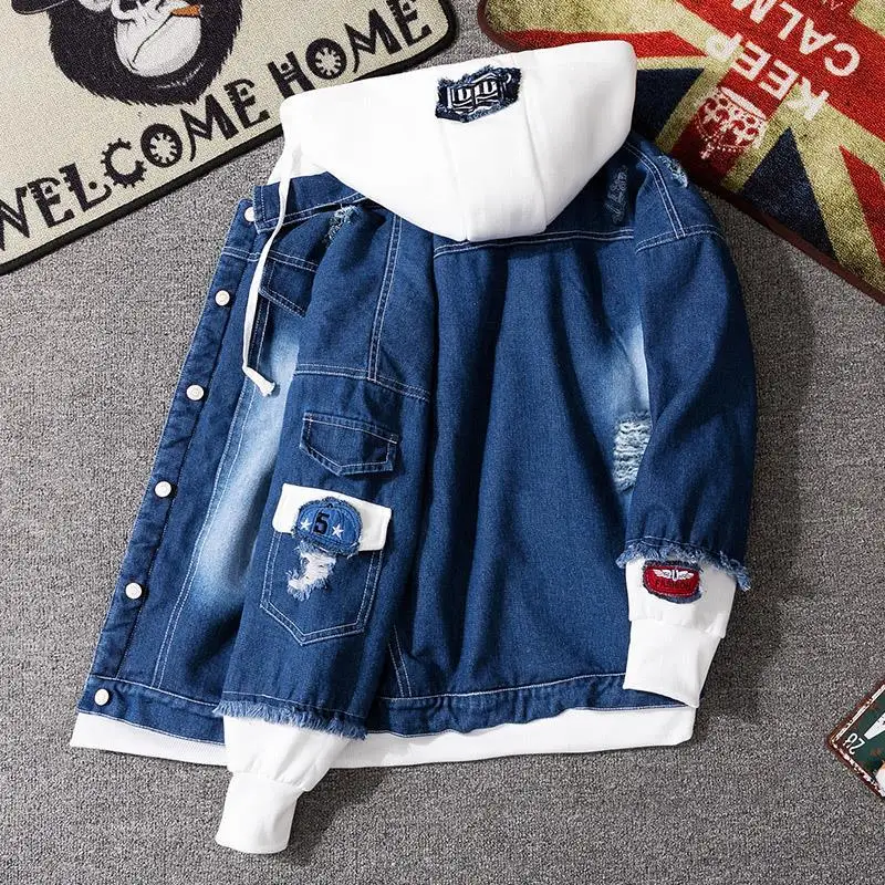 

Vintage Denim Jacket Woman Spring Autumn Coat Ripped Hooded Outerwear 2024 Windbreaker Basic Coats Boyfriend Female Jeans Jacket