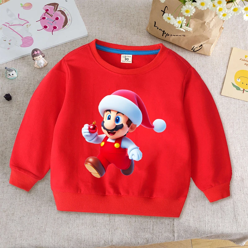 

Super Mario Red Sweatshirt Round Neck Christmas Thin Cute Cartoon Printed Pullover Fashion Kids Xmas Party Tops Winter Warm Gift