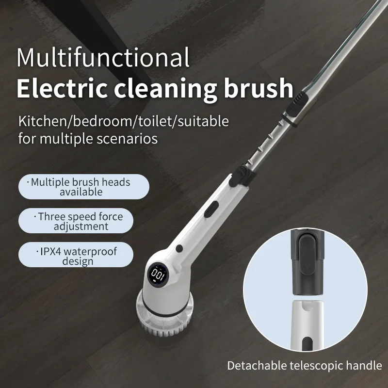 

9-in-1 Cordless Electric Cleaning Brush with LCD Display Multifunction Scrubbing Tool Telescopic Handle for Kitchen Bathroom