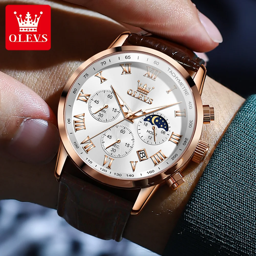 OLEVS Luxury Original Quartz Watch For Men Big Dial Chronograph Man Watches Moon Phase Waterproof Leather Fashion Wrist Watch