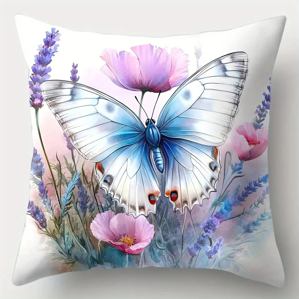 Delicate Watercolor Butterfly Pillow Covers, Pastel Floral Poppy Lavender Art Decorative Throw Pillow Cases, Fresh Home Decor