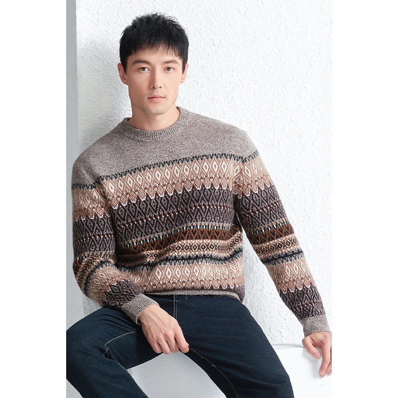 Men's 100% Sheep Wool Clothes 2023 Autumn & Winter Fashion Plaid Sweater Pure Wool Knitwear Long Sleeve Knit Sweaters