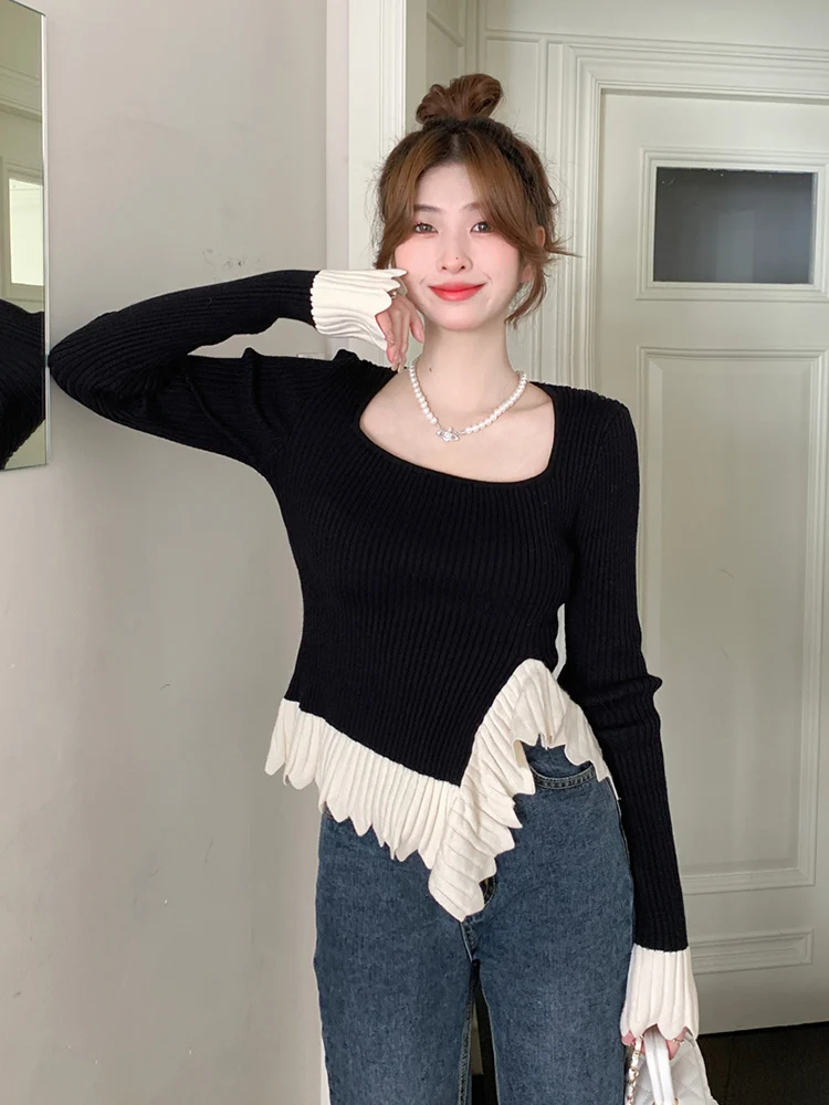 Lady Fashion Contrasting Colors Splicing Pullover Sweater Women Clothing Girls Casual Knitwear Female Asymmetry Sweaters BVA1233