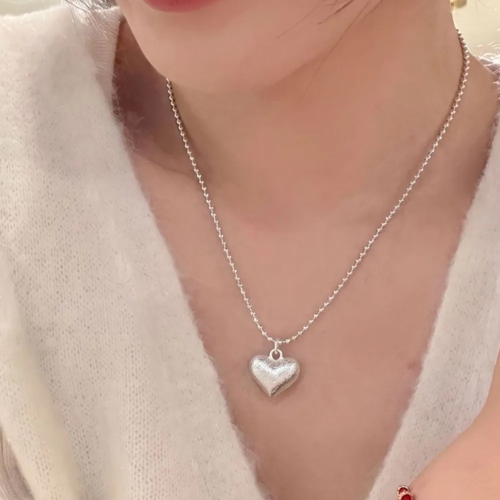 PANJBJ 925 Sterling Silver Love Heart Ring for Women Matte Texture Bead Chain Sweet Romantic Jewelry Party Gift Dropshipping