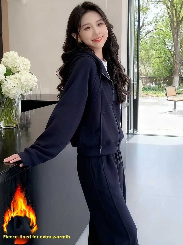 

Korean Sle Commute Coat And Wide Leg Pants Two Piece Set Women's Winter Faion Sportswear Warmth Comfortable High Waist