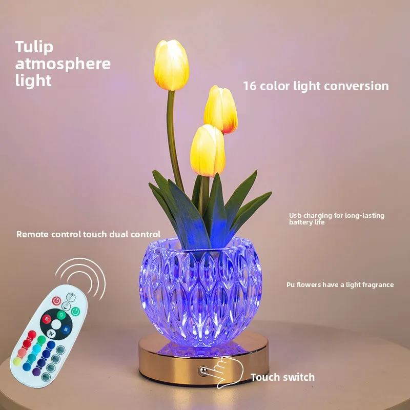Newest RGB LED Tulip Night Light USB Charge Atmosphere Table Lamp 16-Color Dimming Christmas Gift Bedroom Desk Decor Ornament