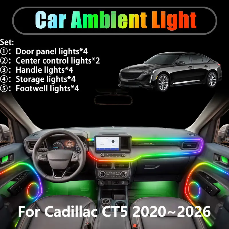 

For Cadillac CT5 2020~2026 2021 2022 2023 2/18 in 1 Car ambient lighting Led trunk interior led lights USB RGB Ensemble Streamer