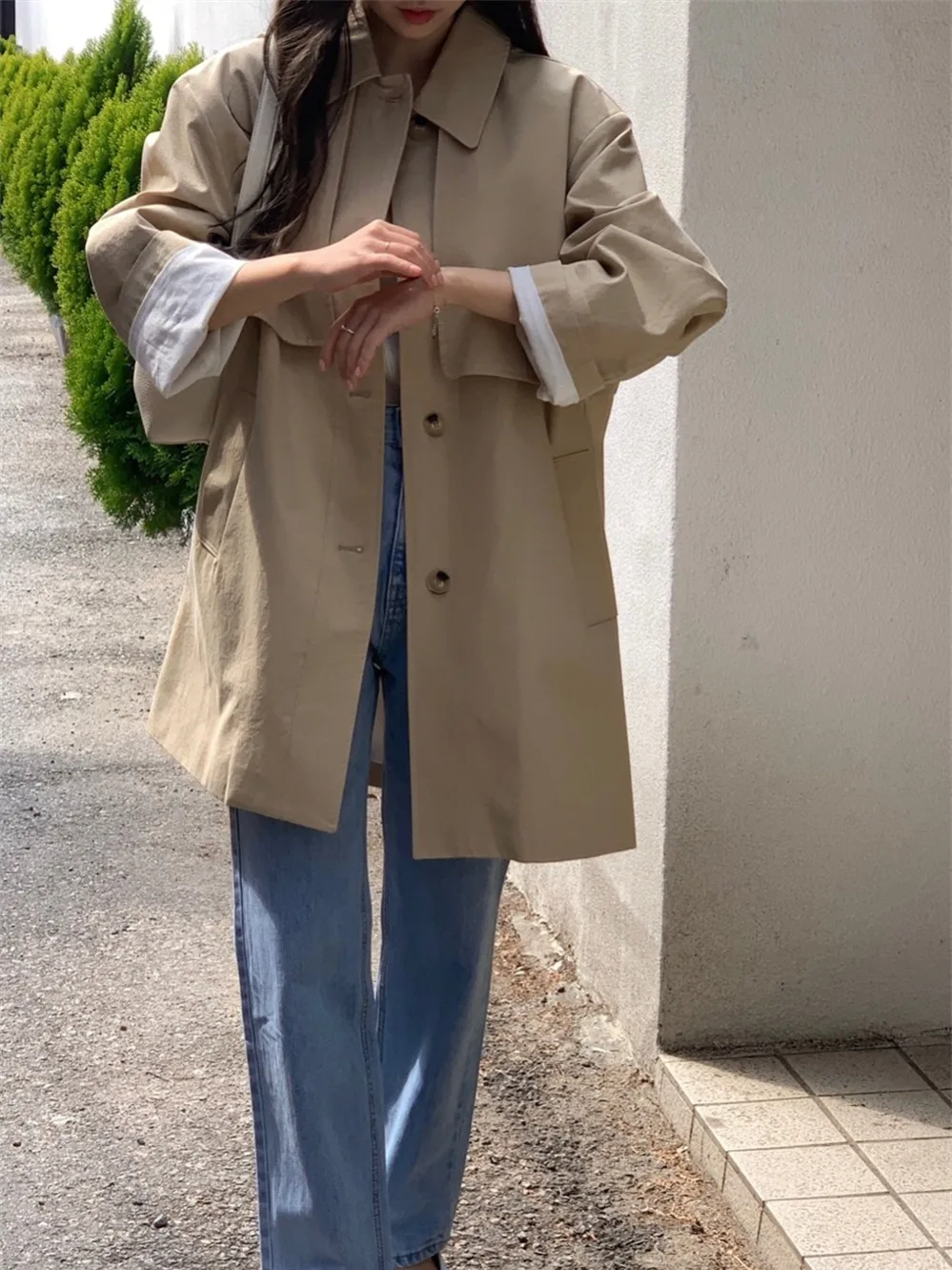 Faionable Briti Sle Long Coat Women's Jaet with Large kets Single Button Collar Stand up Spring Autumn Winter Coat