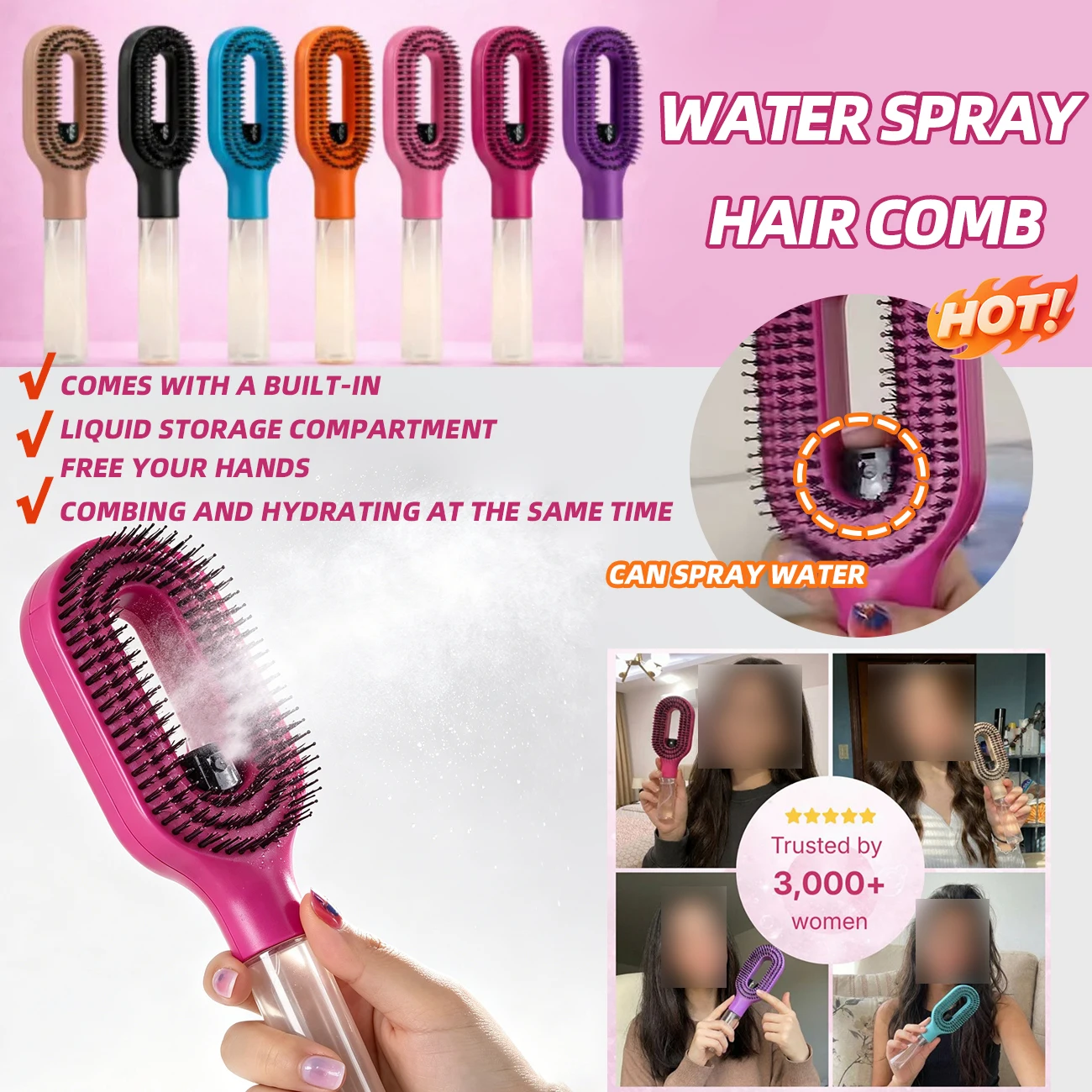 2 in 1 Spray Massage Comb Essential Oil Water Spray Bottle Anti Static Scalp Massager for Hair Detangling Daily Hair Care Salon