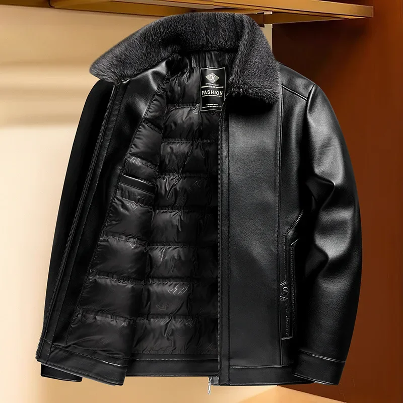 

Winter Men Down Jacket High Street Turn Down Collar Male Outerwear Thicken Windproof Long Sleeve Casual Man Leather Coat