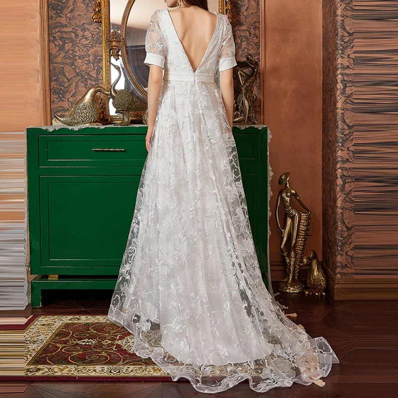 Chic Sexy Deep V-neck Trailing Dress New Elegant Lace Wedding Dress Party Dress Spring Summer Chic Short Sleeved Waist Cinched D