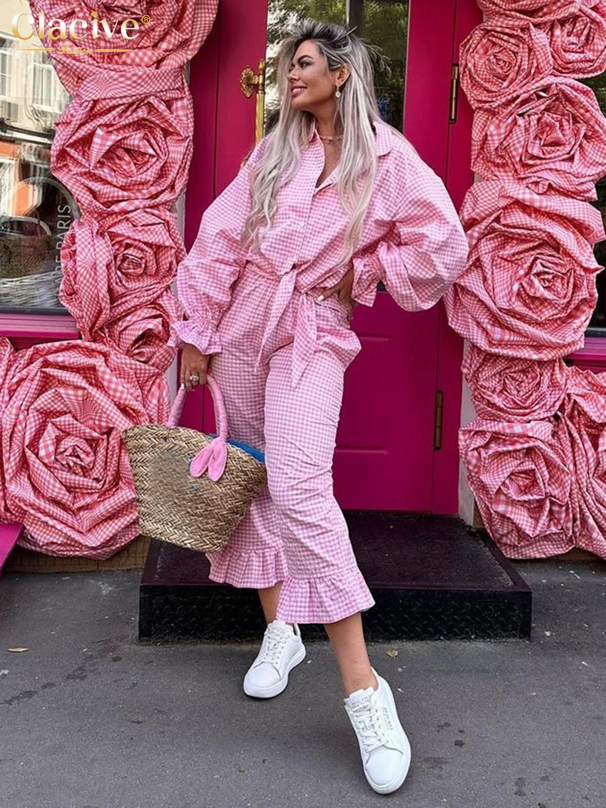 Clacive Fashion Loose Pink Plaid 2 Piece Set Woman Outfit 2025 Elegant Long Sleeve Shirt With High Waist Ruffle Pants Set Female