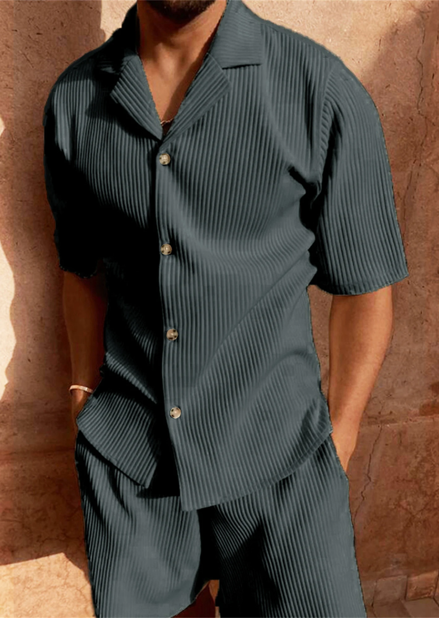 Lente/zomerpak Effen corduroy overhemd met korte mouwen en korte broek, stretch casual strandpak