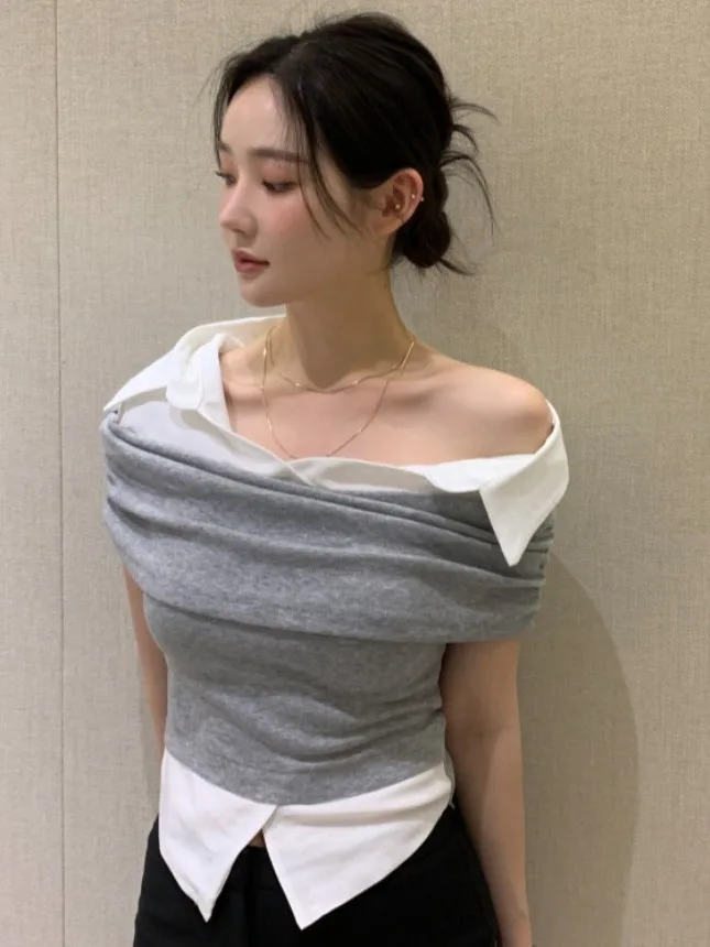 

Ele Color Blo irt Women's Summer New Sle Slimming Folded Hemline Faionable Top Design Sensation Ladies' Knittedwear