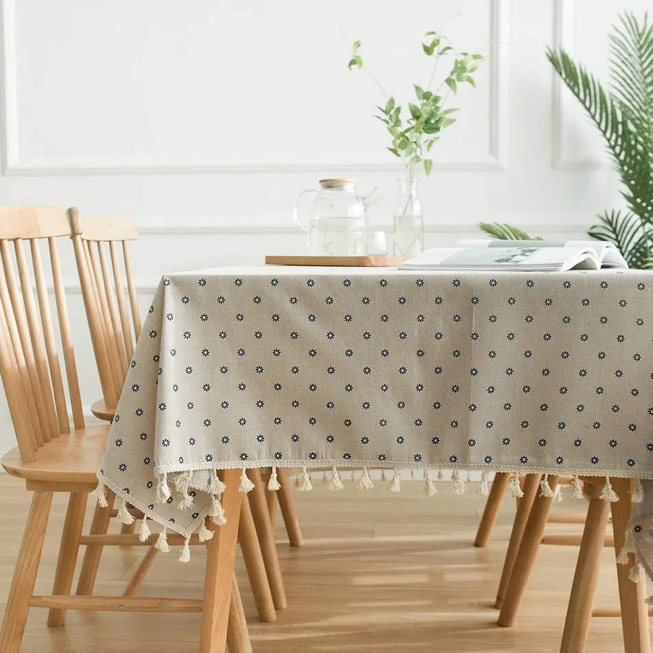 Blue Daisy Printed Tablecloth Linen Tassel Lace Rectangular Table Cloth Household Garden Home Decoration Picinc Cover Mat